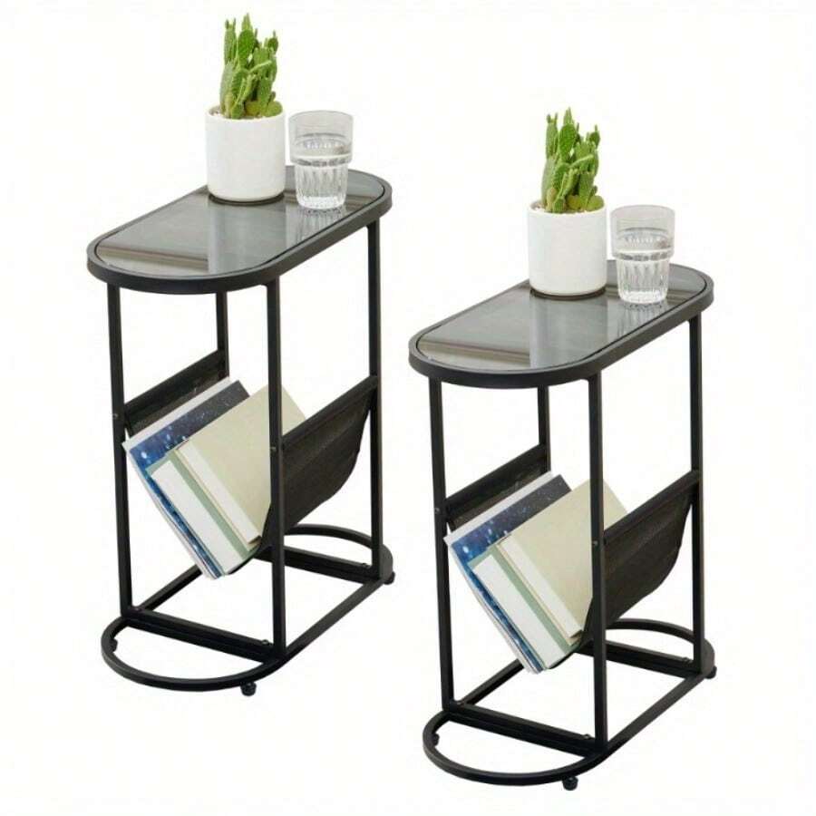 2Pcs Glass Oval Small Side Table, Suitable For Small Living Room Space, With Magazine Storage Function