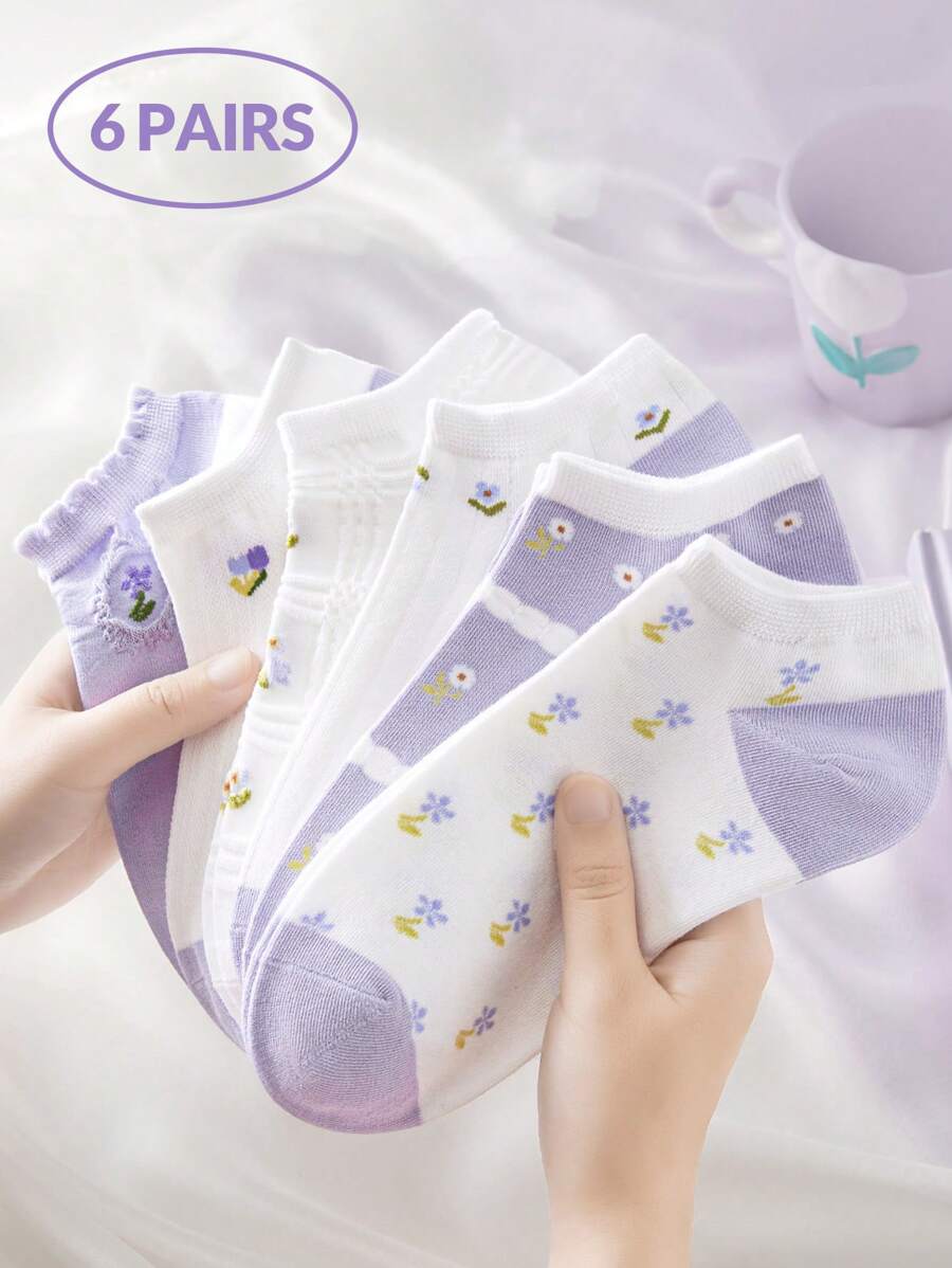 6 Pairs Light Purple Women's Socks, Rustic Style, Fashion Floral Women's Short Socks, Ankle Socks, Daily Casual Wear