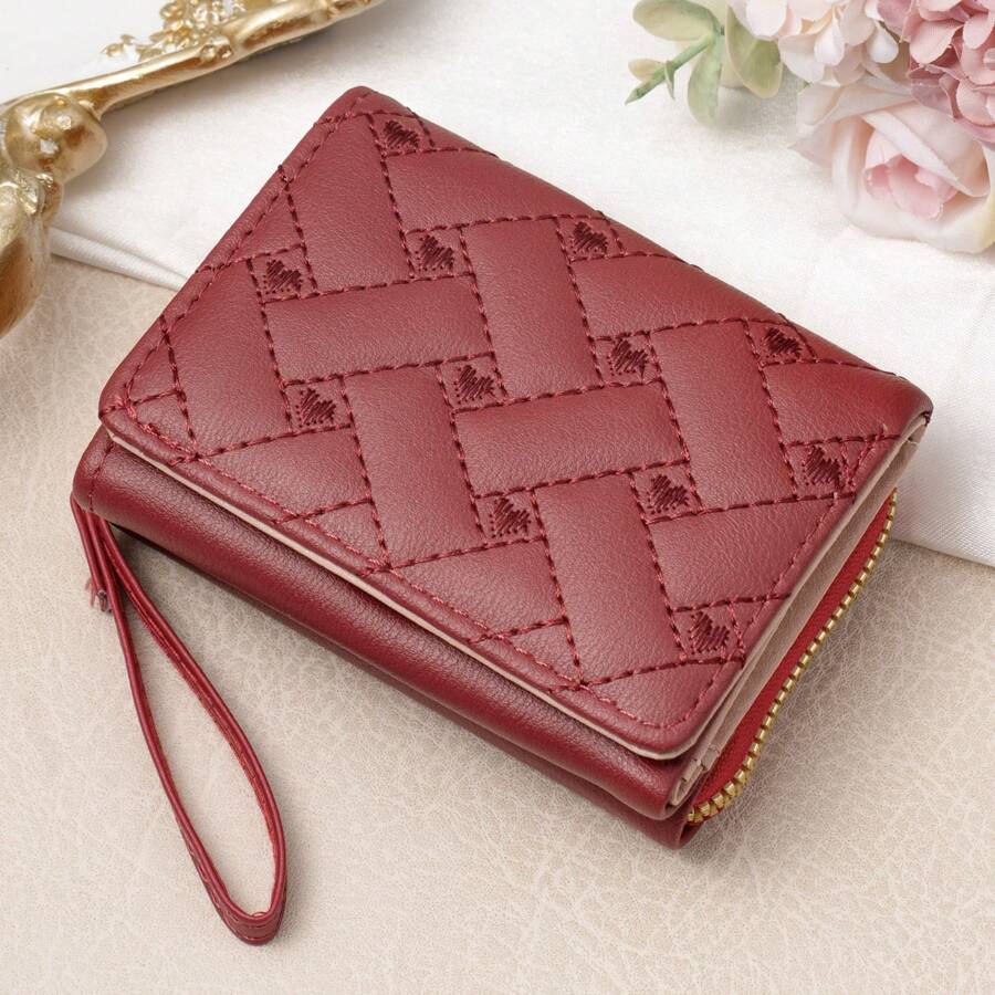 Women Short Wallet With Heart Embroidery, Large Capacity & Multi-Card Slots For Credit Cards, ID, Cash, Casual Three-Fold Snap Closure Coin Purse, Suitable For Daily Use, Mother's Day, Birthday, Anniversary Gift