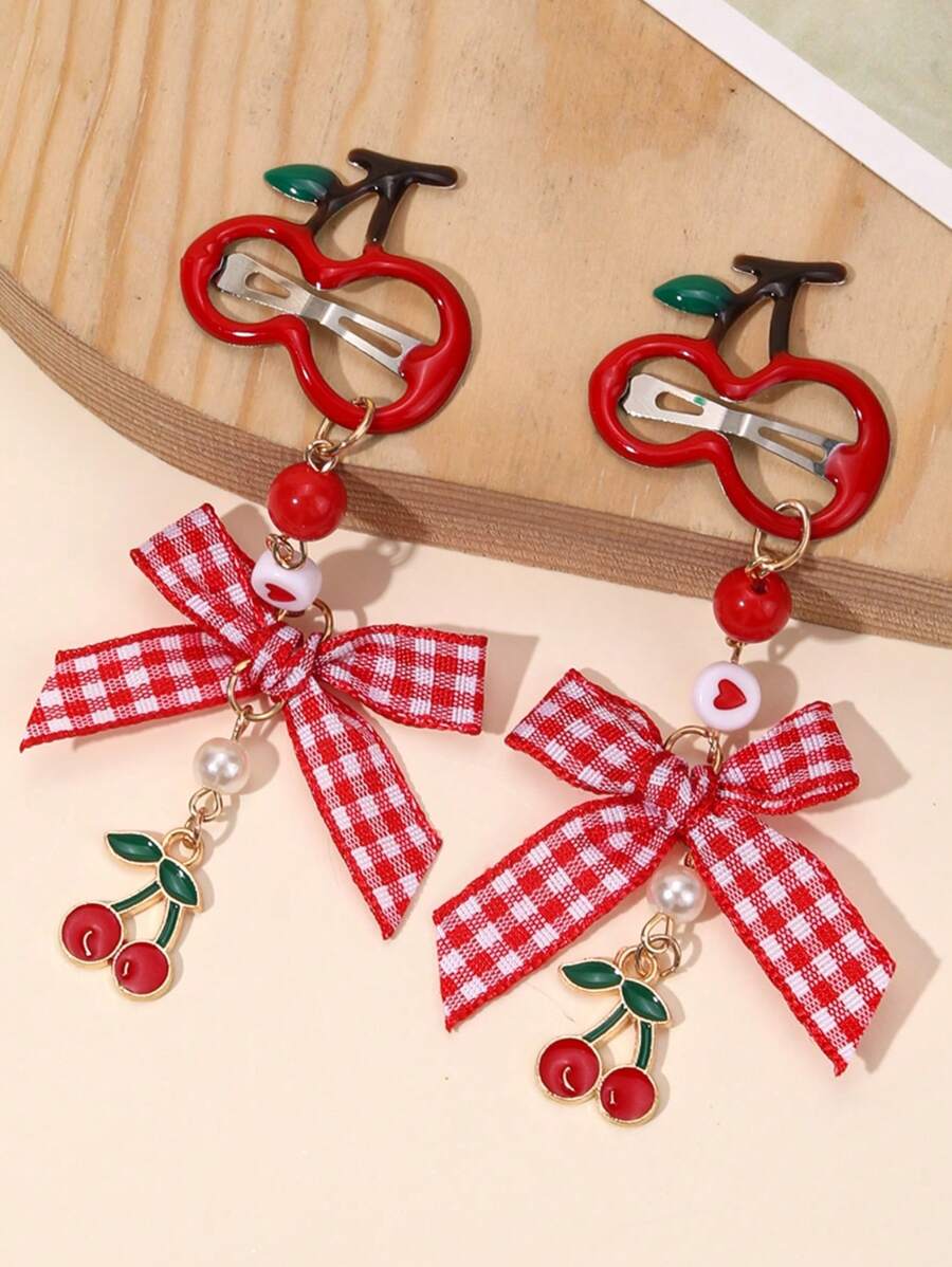 2 piezas Pinzas para el cabello con lazo estilo Y2K con diseño de cerezas y fresas para niñas, pasador de cabello con cinta a cuadros rojos retro, accesorios kawaii para el cabello con diseño floral y de frutas, para fiesta de San Valentín, Navidad, primavera y verano, festivales
