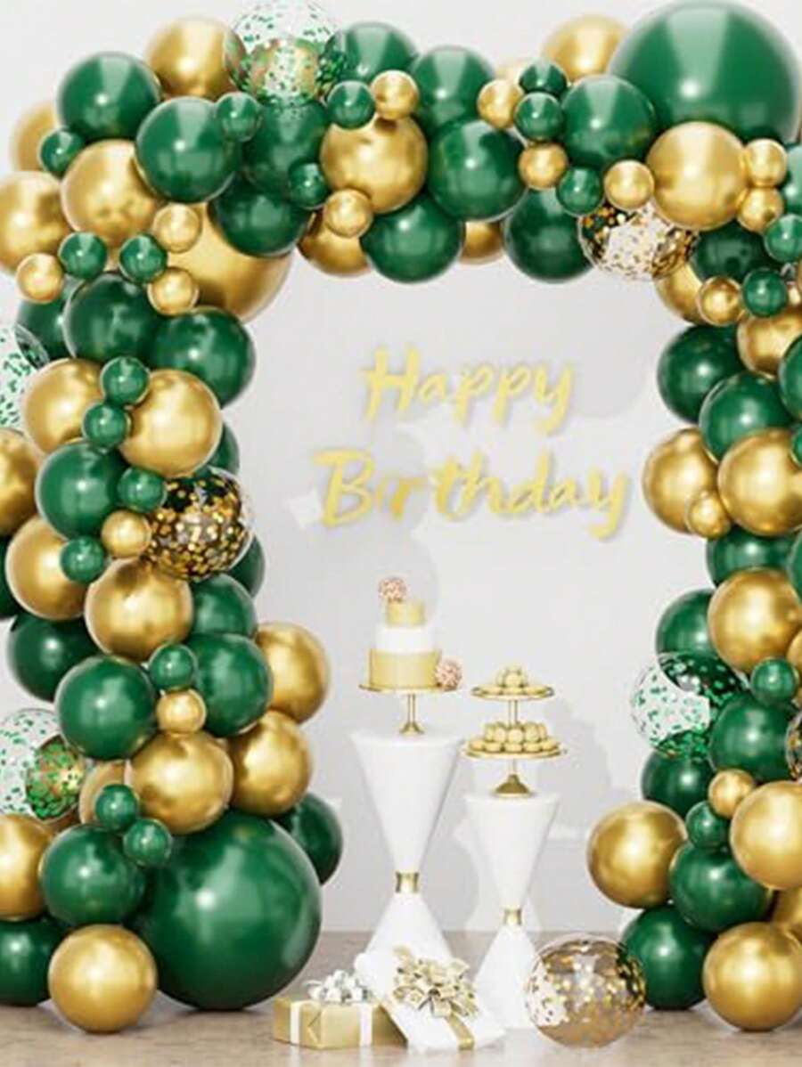 94pcs Green Balloon Arch Kit With Deep Green And Gold Balloon Garland, With Gold And Green Balloon Confetti Balloons, Suitable For Birthday Decorations, Weddings, Engagements, Jungle Parties.