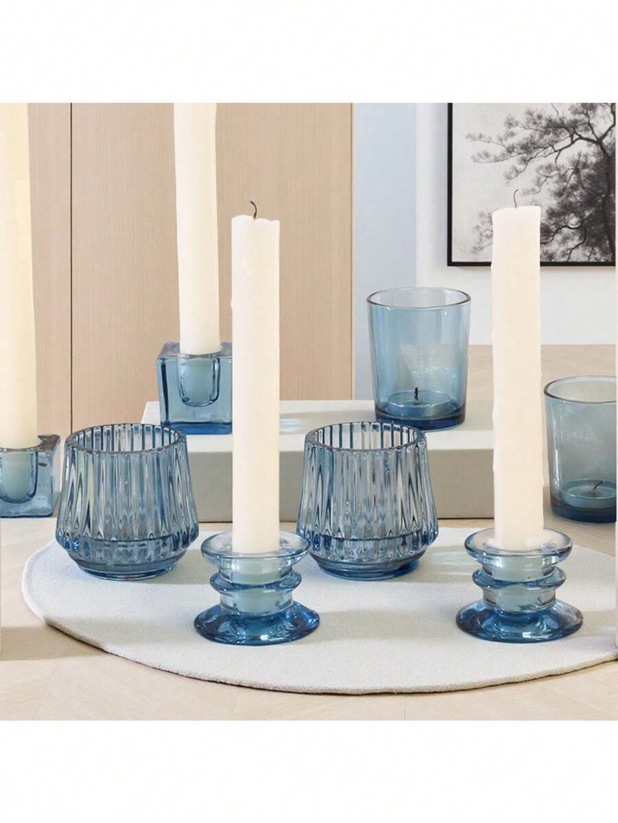 1 Stück blauer Glas-Kerzenthalter, geeignet für Teelichter, für Hochzeitsmittelpunkt Dekoration, Party Deko, Brautparty, Geschenke und Heim-Dekoration
