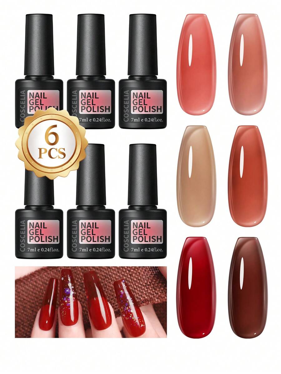 coscelia 6PCS Soak Off Gel Nail Polish Set 7ML Crystal Jelly Pink Red Brown Nail Gel Polish Needed UV/LED Nail Lamp, Summer Gel Nail Polish Kit Manicure Kit Nail Supplies For Women DIY Nail Art Salon Gift