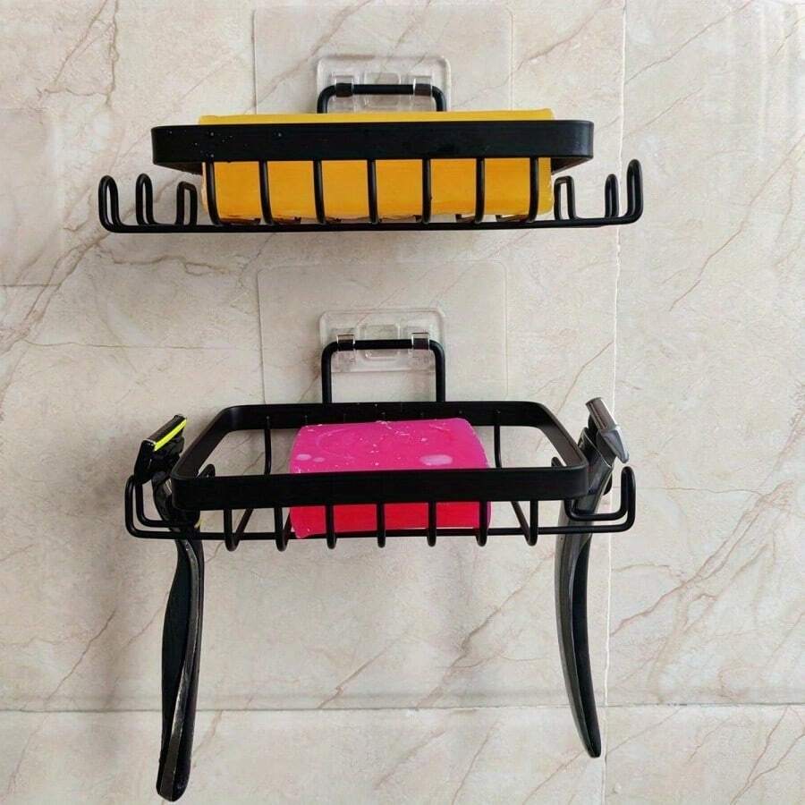 1 pieza Jabonera cuadrada de acero inoxidable, organizador de baño para ducha, estante de pared para jabón con ganchos multifuncionales - Esencial para apartamentos, hogares y baños de dormitorios, lavandería y cocina