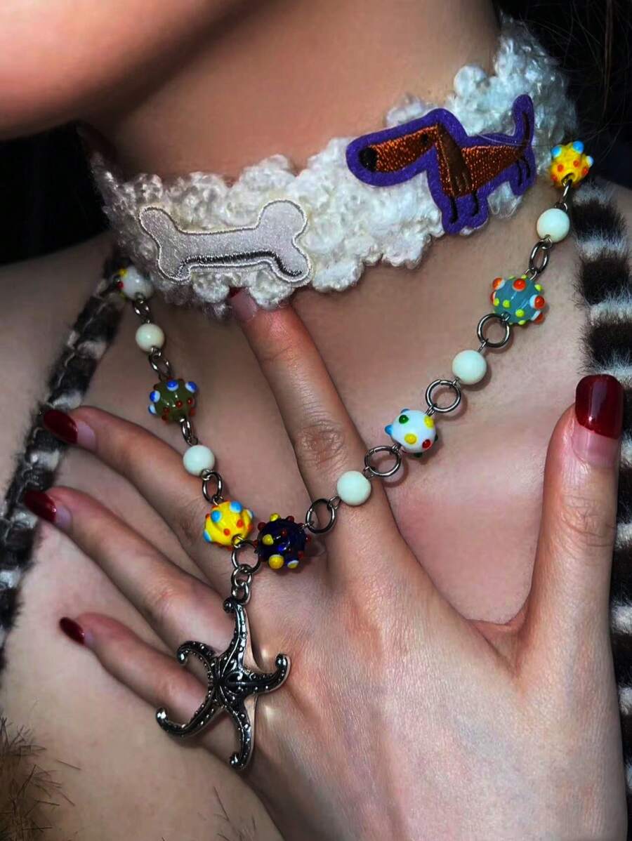 1pc Colorful Beaded Starfish Pendant Necklace, Simple Design, Fashionable Chic Ladies Summer Beach Style