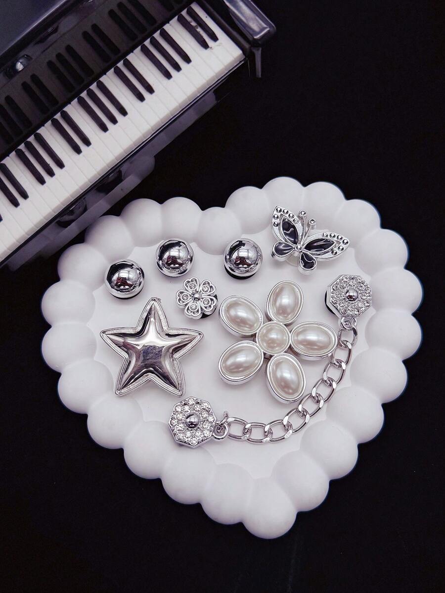 8pcs Silver Casual Fashion Shoe Charms (Pearl Flower, Big Star, Butterfly, Rhinestone Flower), Silver Chain DIY Decorative Accessories, Suitable For Women's Sandals, Slippers, Perforated Shoes, Sandals And Beach Bags - Perfect Gift For Holidays And Special Occasions