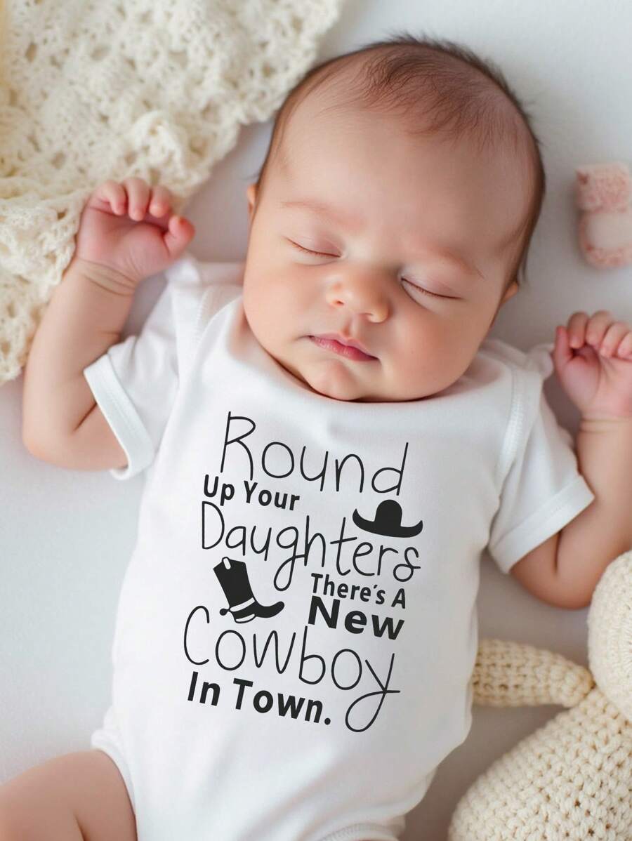 Newborn Baby Minimalist Letter Slogan Print Round Neck Short Sleeve Casual Romper
