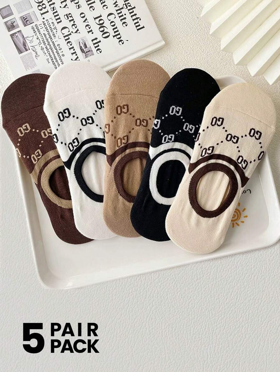 5 Pairs Women's Stripe & Letter Printed French Style Luxury Casual Boat Socks