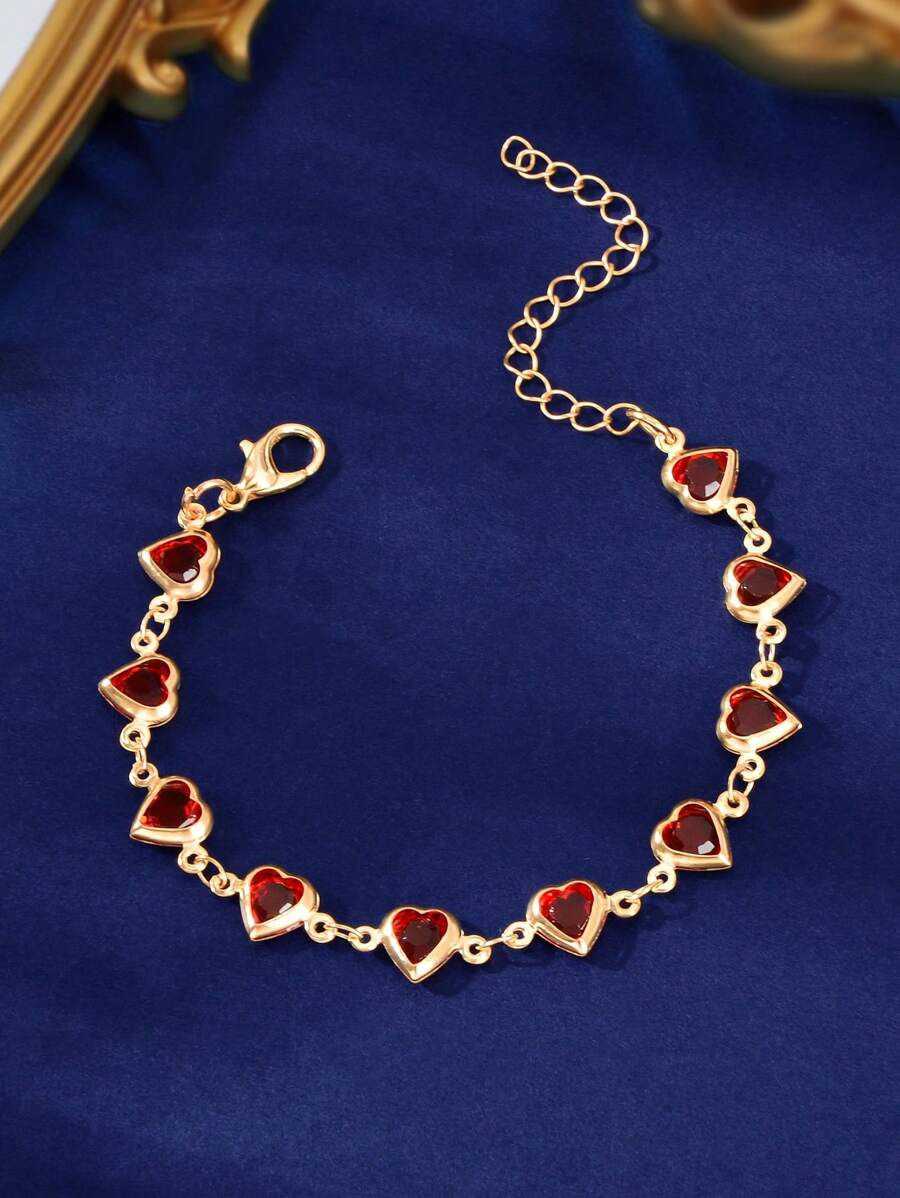 1 pieza Pulsera con cadena dorada y decoración de corazón rojo elegante para mujer, para fiesta, uso diario, festival, regalo de joyería