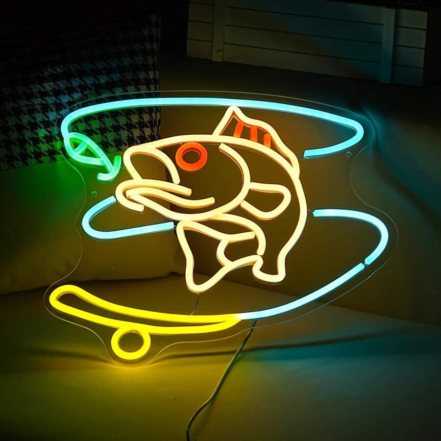 1 Stück Fischform Neonlicht, USB betriebenes Kunststoff Wandmontiertes Neonschild mit Knopfsteuerung, Mehrfachnutzung, ohne Batterie, geeignet für Heimdekoration, Aquarium, Garten