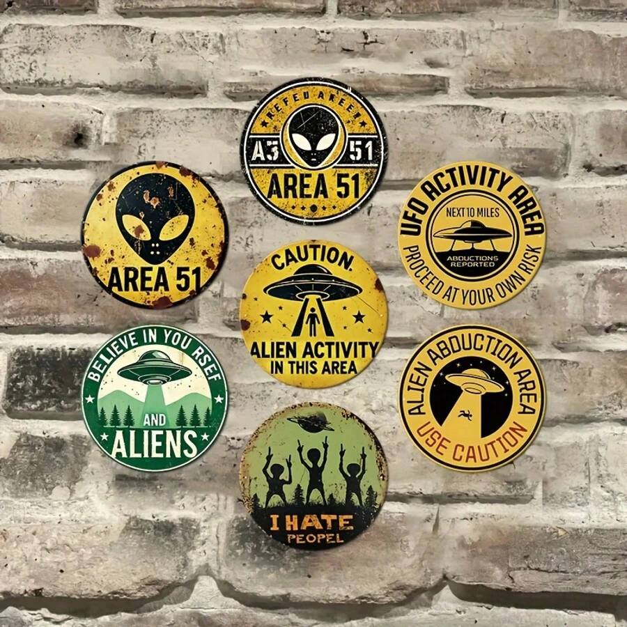 7pcs Vintage Alien Metal Tin Signs - UFO-Themed Decor With Inspirational Quotes, UFO AREA Retro Tin Plates, Decorative Signs &Plaques Perfect For Man Cave Home, Bedroom, Dorm, Garage, Bar, Pub, Cafe, And Yard Decor, Outdoor Decor, Water-Proof