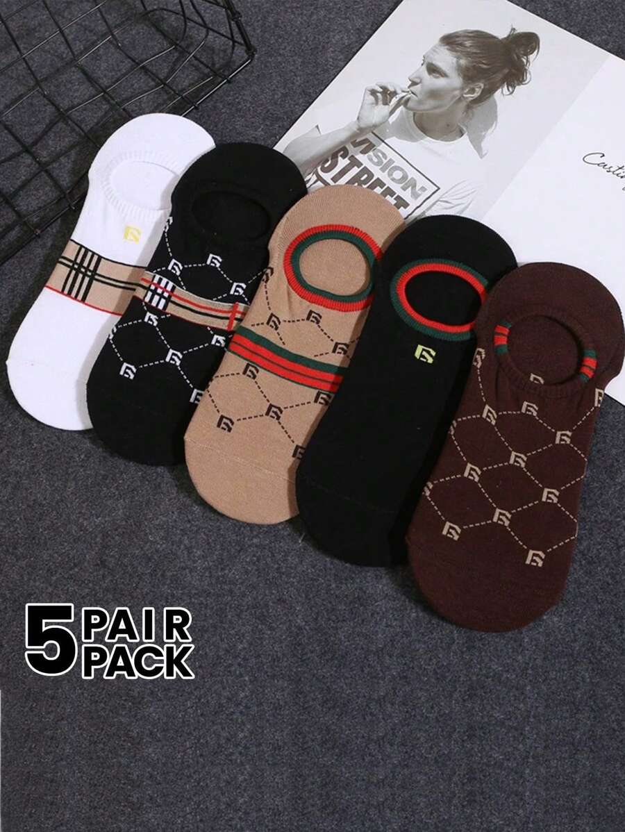5 Pairs Women's Letter & Stripe Pattern French Luxury Vintage Style Versatile Invisible Liner Socks