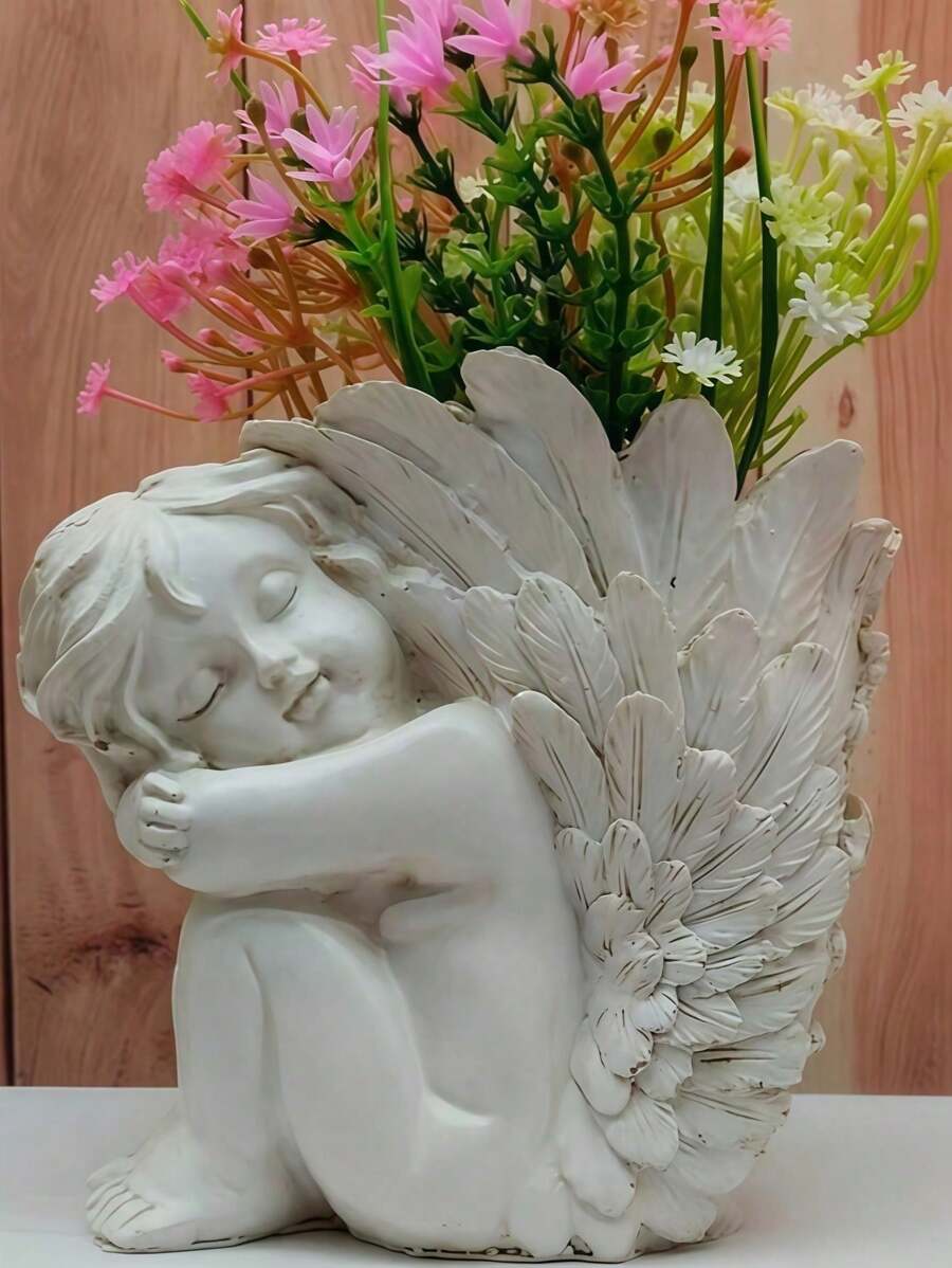 1pc Polyresin Angel Figurine Flower Pot,Handicraft,White Baby Cherub Wings Fairy Garden Statue Flower Pot For Indoor Or Outdoor Landscape Lawn Decor, Home Decor,Garden Decor,Pen Holder Living Room Decoration,Spring Decor