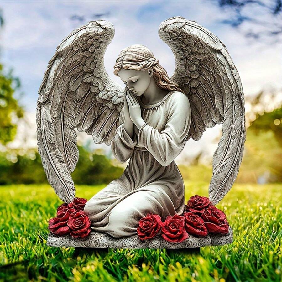 2D Engel Garten Plakette - Klassisches Acryl Rasenschild, betender Engel mit Rosen Ton-Topf Design, wetterfestes Outdoor Dekor für Garten, Friedhof und Landschaftsverschönerung, Märchenstil mit exquisiten Details, 2D Engel Garten Ornament, zufälliger Stil