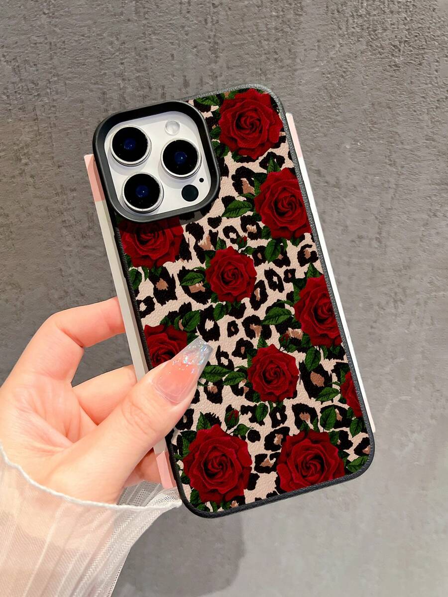 1 Stück Blumen Handyhülle mit Leopardenmuster, Grün Blätter & Rote Rose Grafik, matter TPU Schutzhülle, Sturzsicher kompatibel mit Apple/ Handy wie 16 Promax, 15Pro, 14plus, 13, 12promax, 11, S24 Ultra, S23 FE, S22, S21, S10, A54, A35, A14, A05S