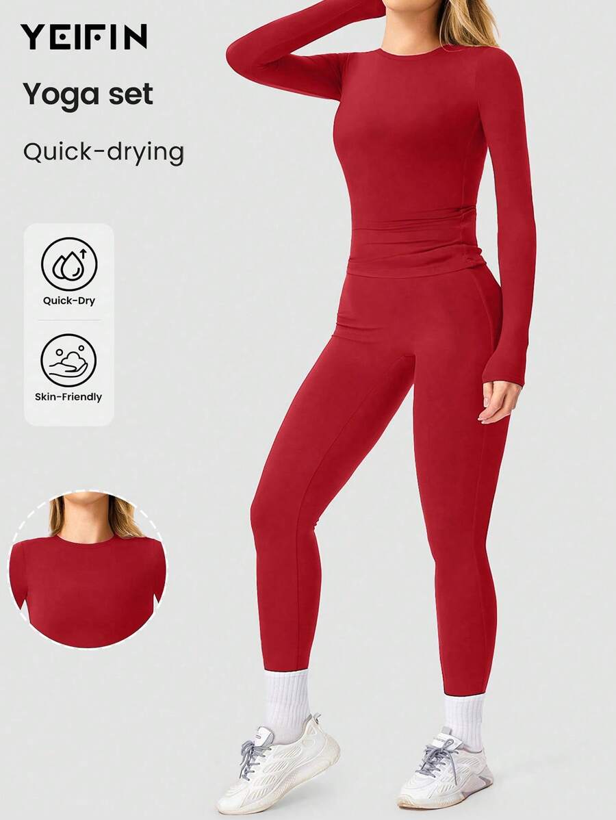 YEIFIN WinterTwo-Piece Set Women's Solid Long Sleeve Tee & Leggings Tracksuit Set, Sporty Round Neck Top & Skinny Pants For Yoga Gym Workout, Spring/Summer Women's Sportswear