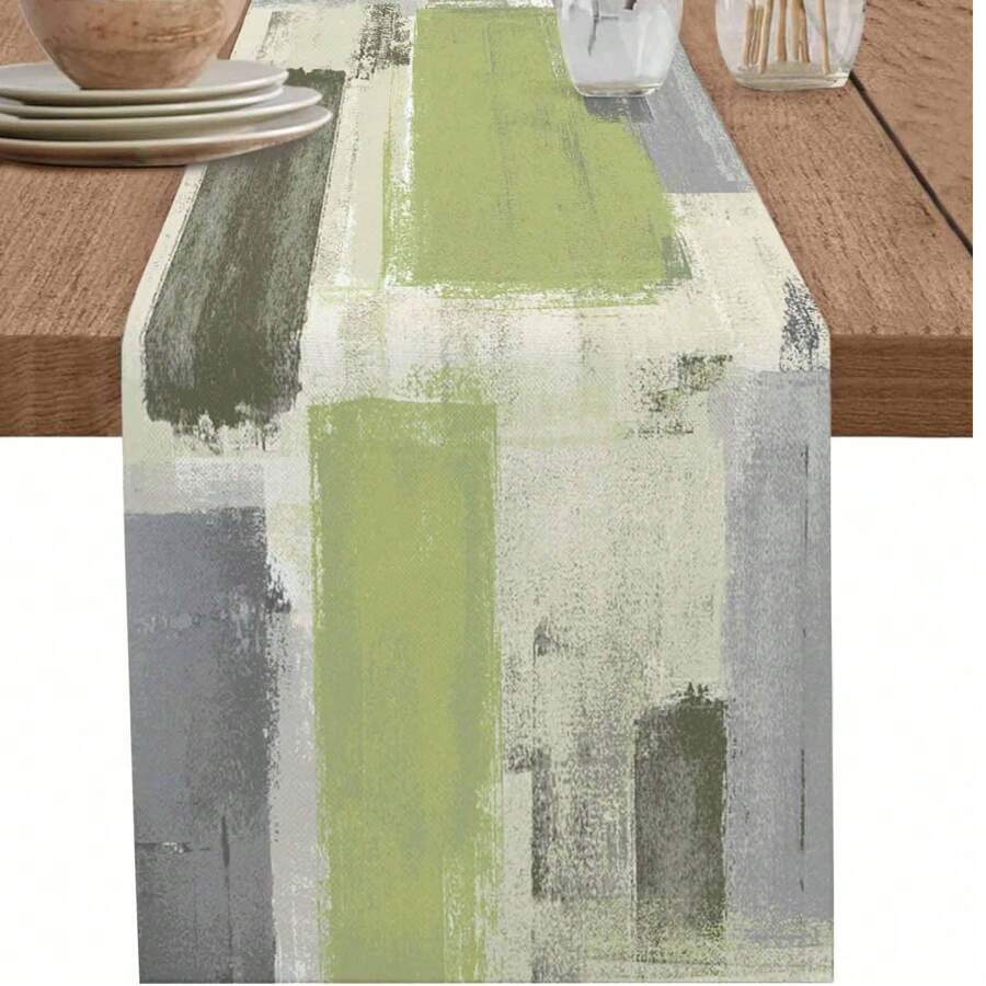 Green Grey Table Runner, Sage Green Grey Abstract Art Dining Table Decoration