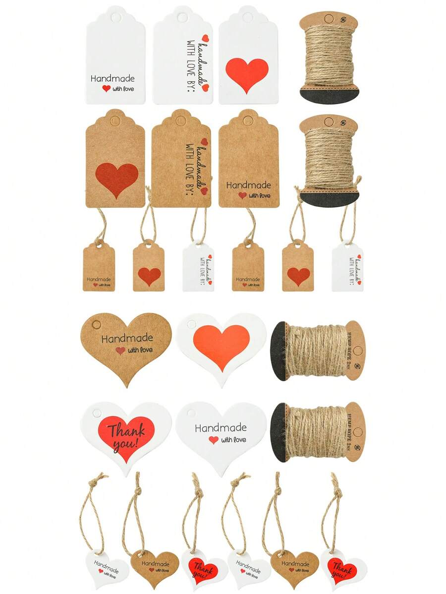 96 peças de etiquetas de papel para presentes, etiquetas penduradas, para artes e ofícios, com cordão de juta, retângulo/coração, cores variadas