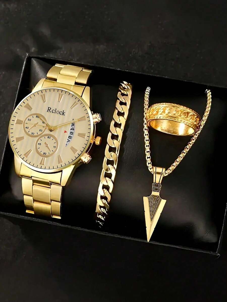 Conjunto de presente masculino de luxo com 4 peças: relógio de quartzo de aço inoxidável com calendário, visor preciso, colar com pingente, pulseira e anel, perfeito para uso profissional e casual - presente ideal