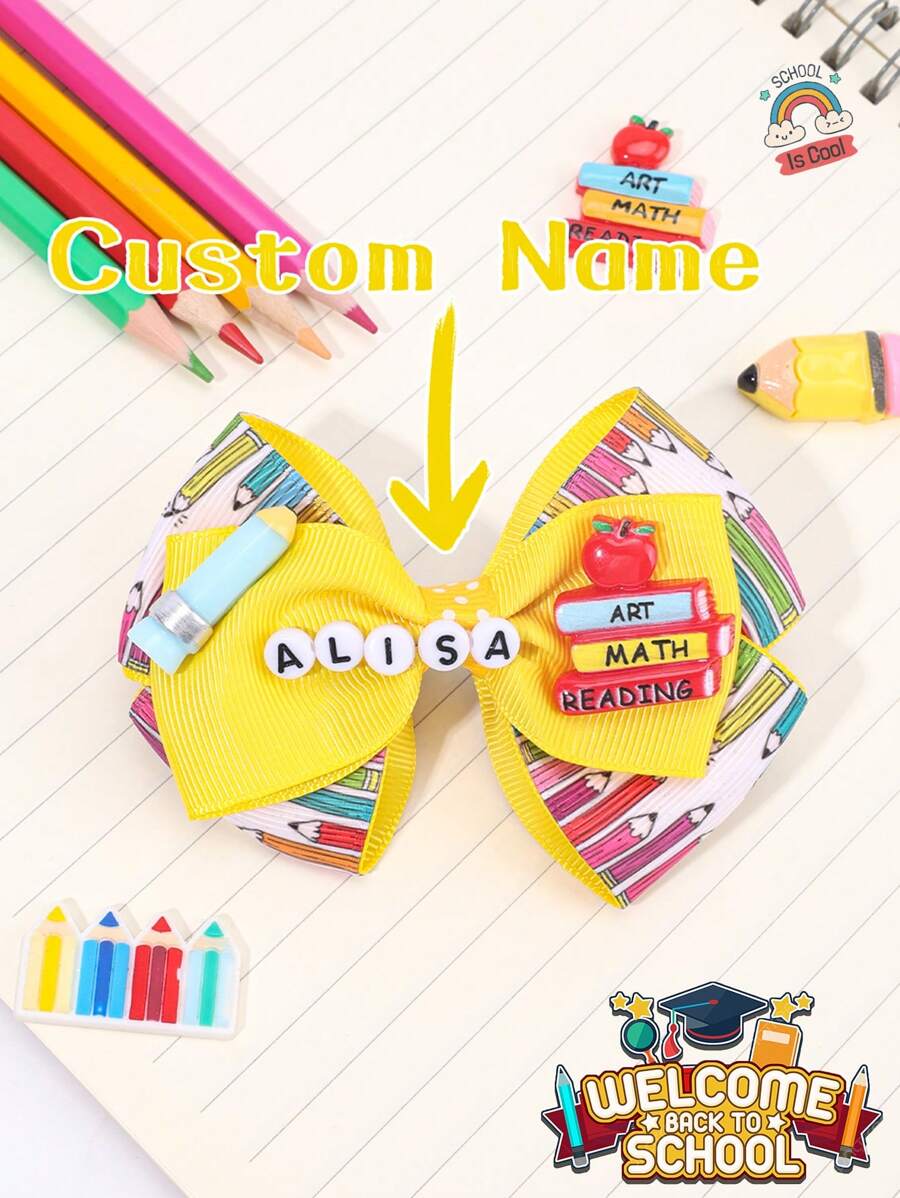 1 Stück Schultüte/Schleife mit Namen für Mädchen, Stift bedruckter Schleife mit Alligatorspange, individuelle Textbuch Deko Haarspange, Accessoire für den ersten Schultag, individuelle Geschenke, Baby und Kinder Haarzubehör für das neue Semester