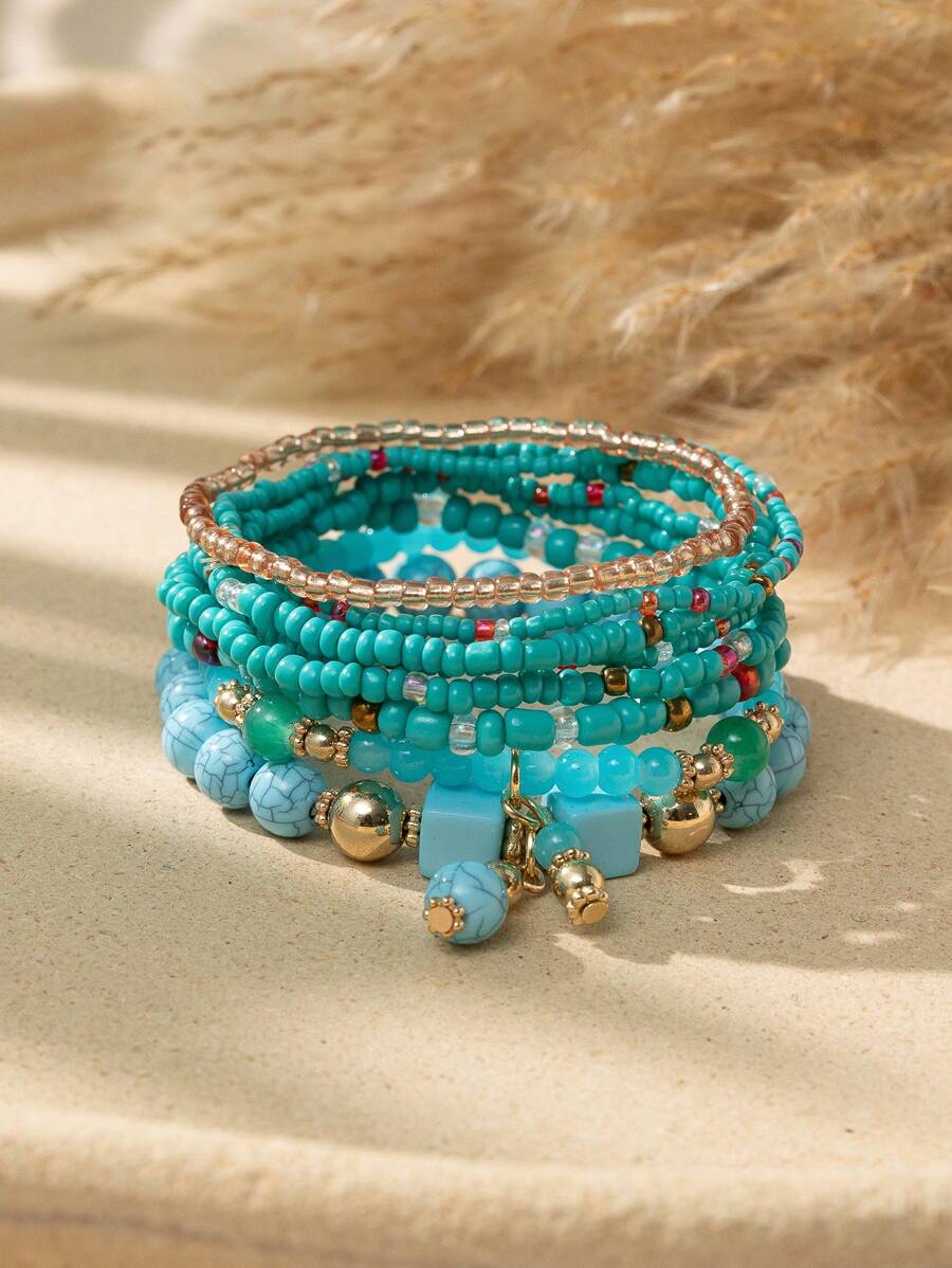 8pcs Bohemian Style Multi-Layer Beaded Bracelet Set, Colorful Beaded Stacking Bracelets For Daily Or Vacation Wear, Spring/Summer