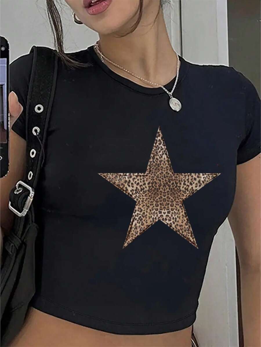 T-shirt à manches courtes col rond pour ados avec imprimé léopard et étoiles, style décontracté, été