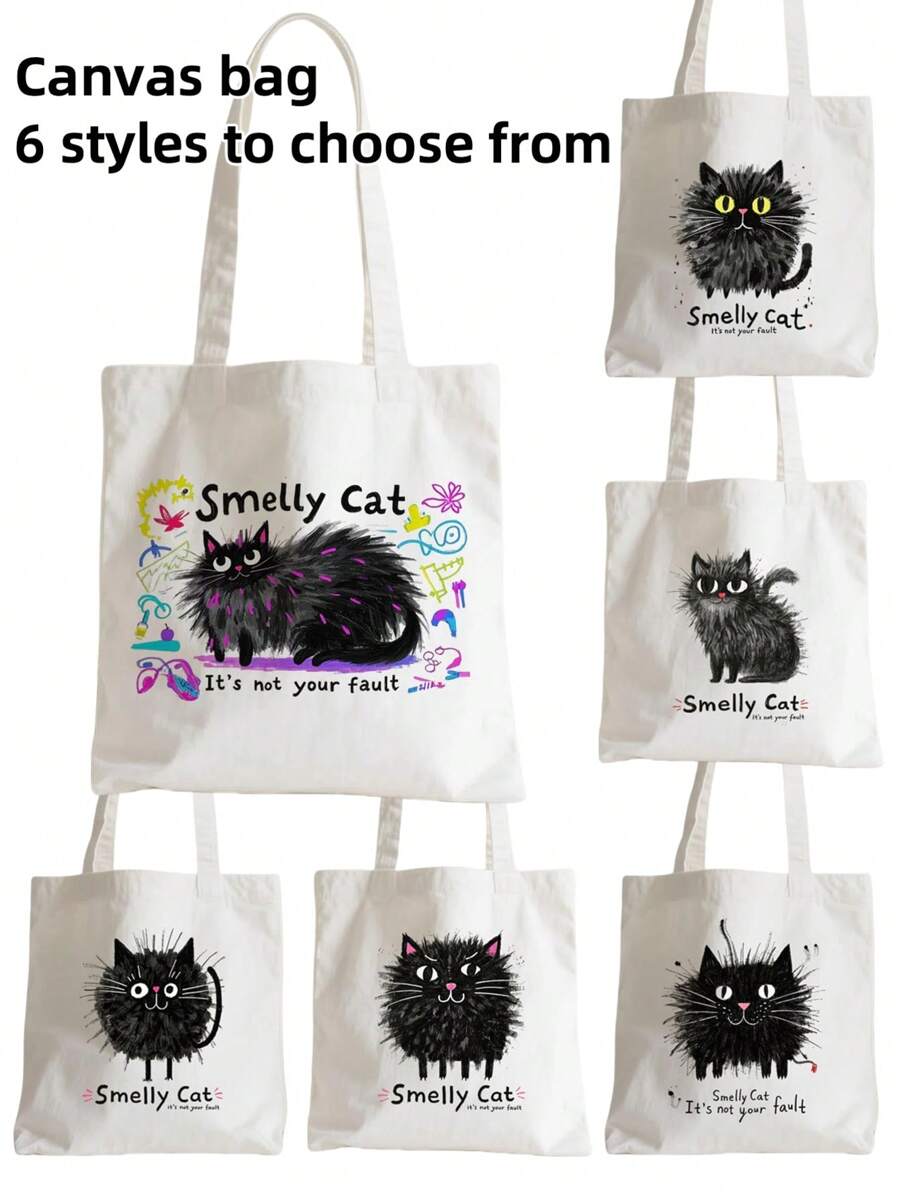 1pc Fashion "Smelly Cat" Printed Canvas Women's Handbag Shoulder Bag Tote Bag - Large Single Shoulder Handbag With Fixed Strap, Perfect For Shopping, Beach, Work, Travel, Fitness, Grocery And Outdoor Activities, Beach Tote Bag | Playful Printed Tote Bag | Sturdy Handle Handbag, Back To School Gift, Graduation Gift, Birthday Gift, Thanksgiving Gift, Teacher Gift, Christmas Gift, New Year Gift, First Choice Gift, Washable And Reusable
