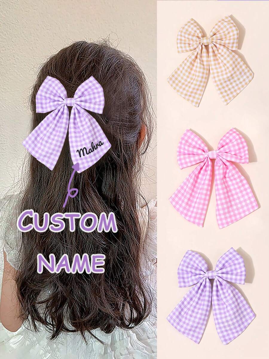 1 Stück personalisierte Karomuster Haarschleife für Mädchen in braun, rosa, lila, Schleife mit Alligatorspange, personalisierter Text, pastoraler Stil Haarnadel, süß, personalisierte Haarspange, personalisiertes Geschenk, Baby-, Kinderzubehör für die Haare