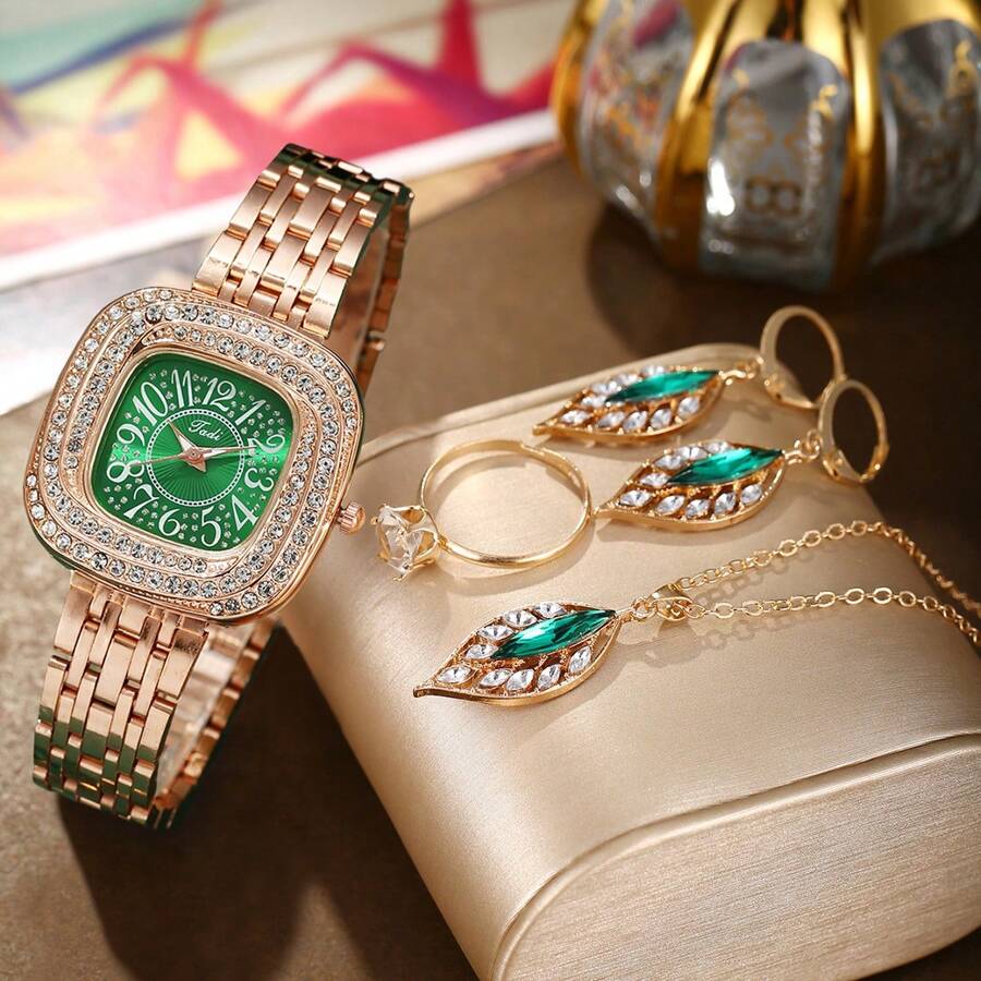 Relógio feminino em ouro rosa, material de liga, mostrador verde, com decoração de folha verde