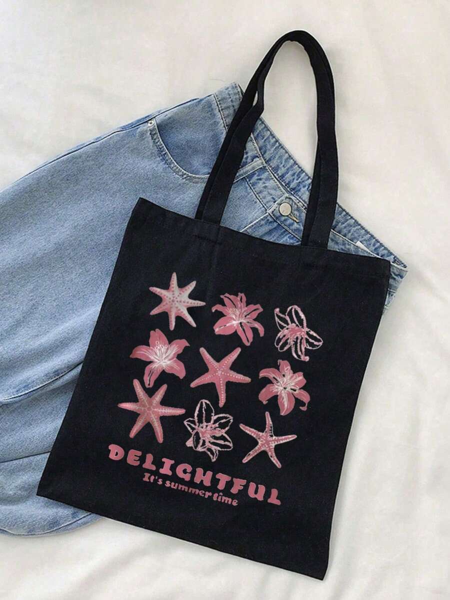 Starfish Print Tote Bag, Reusable Printed Women'S Tote Bag, Double Handle Shopping School Bag, Large Capacity Shoulder Bag, Casual Tote Bag, Christmas Storage Bag, Suitable For Commuting, School And Shopping, Convenient For Outdoor Use, Gift For Friends And Besties, Teacher Gift, Perfect Choice For Vacation And Festival, Best Teacher Christmas, Thanksgiving Gifts, Best Teacher Appreciation Gifts