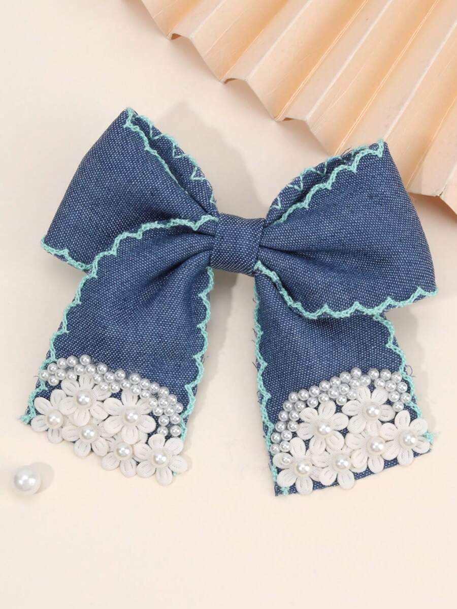 1 pezzo Fermagli per capelli in jeans per ragazze con perle floreali bianche e nastro di raso blu, accessori per capelli boho vintage per primavera/estate, festival, fermagli per capelli eleganti casual, per adolescenti, bambini, feste, uso quotidiano
