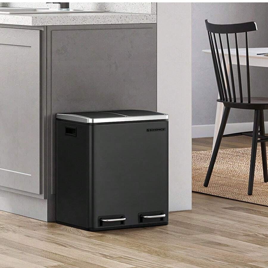 Poubelle Cuisine, 2 x 15L, Poubelle Tri, avec Pédale, 2 Compartiments, 15 Sacs Poubelles, Seaux Intérieurs, Couvercles en Douceur, en Acier, Noir d'Encre