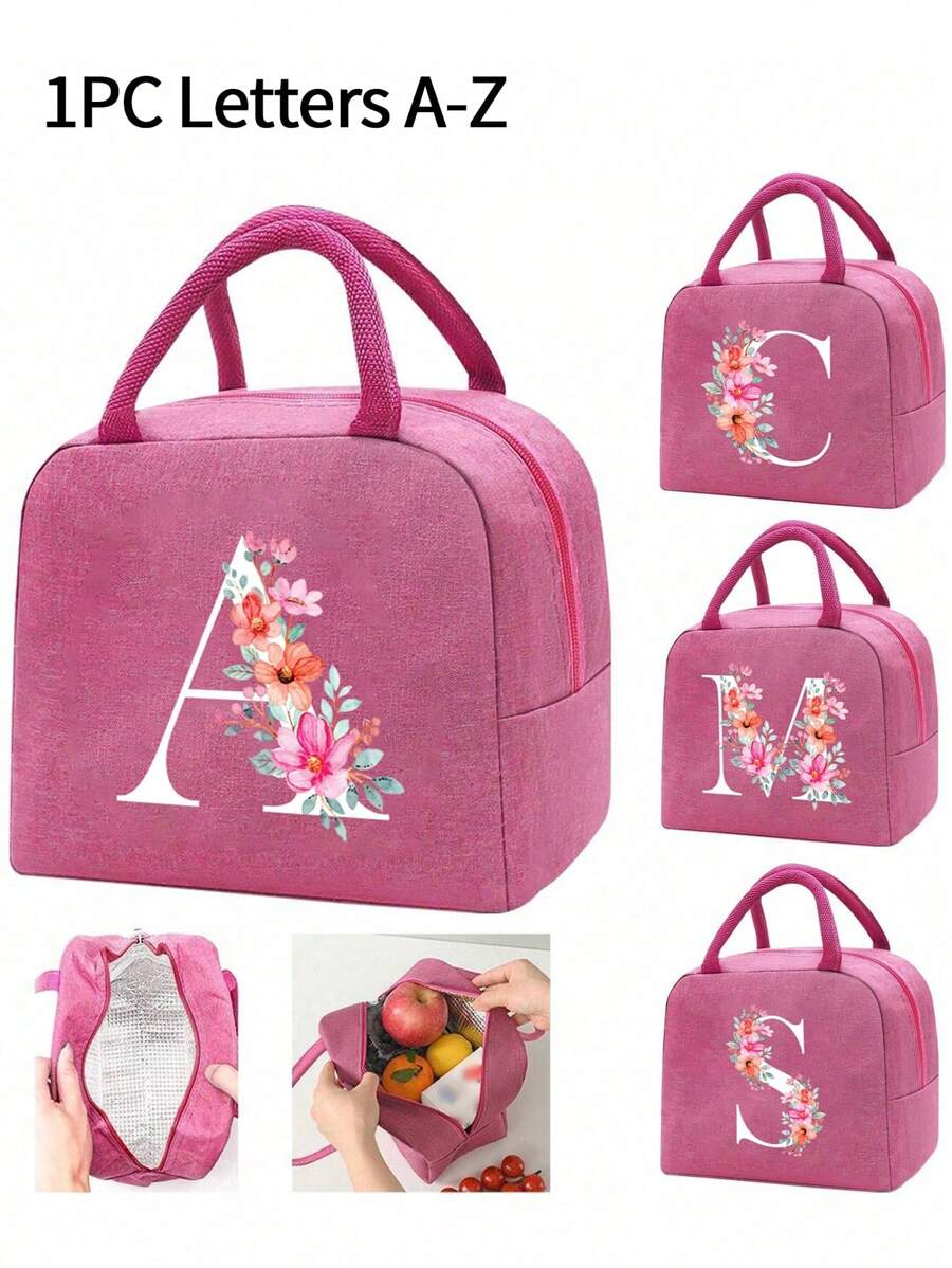 Fashionable Large Capacity Insulated Lunch Tote For Women,Printed With Flowers Letters A-Z Pattern, Thick Aluminum Foil Insulation, Zipper Closure And Fixed Shoulder Strap,Lightweight, Durable , Canvas Lined,Storage Box, Leak Proof Portable Fabric Cutlery Pouches, Durable Utensil Bags With Zipper,Stylish Picnic Bag - Perfect Gift Choice For Work, Camping, Picnics ,School, Travel Or Outdoor Activity 