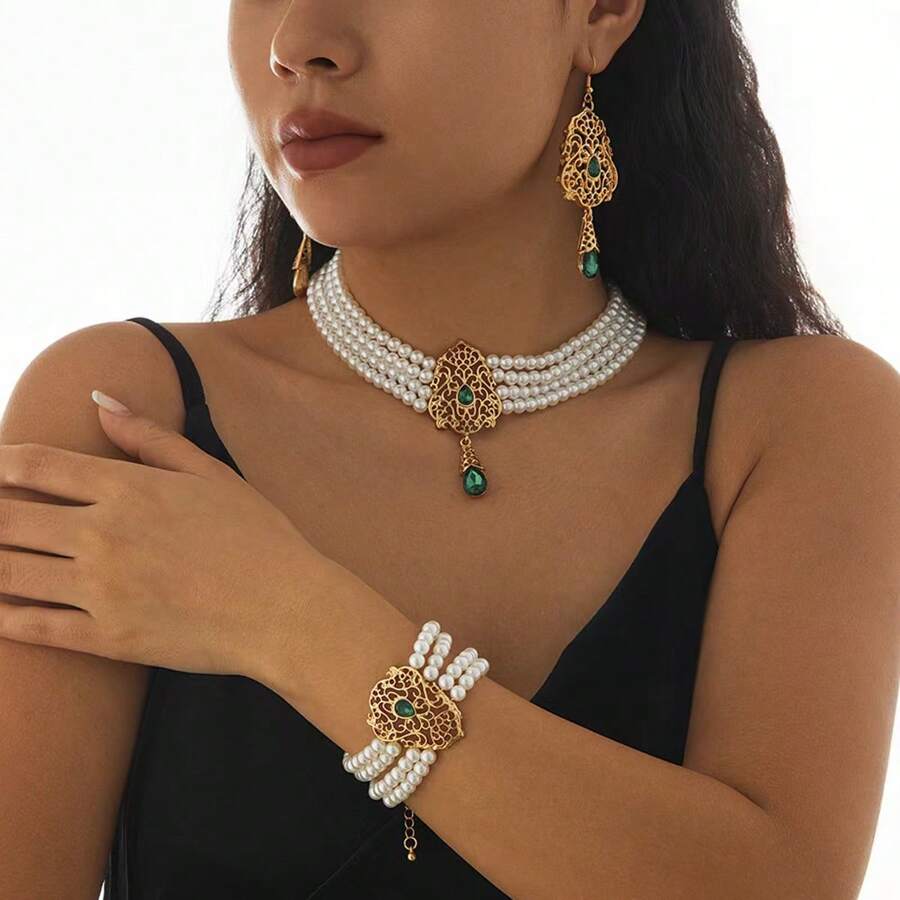 Luxury Vintage Style Pearl Jewelry Set, With Green Gemstone Floral Accents, Necklace, Earrings, Bracelet For Women, Suitable For Formal Occasions Such As Parties, Holidays, Weddings
