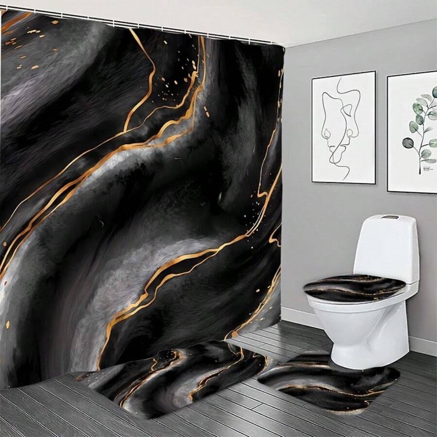 1/4 jeux de rideaux de salle de bain avec imprimé marbre noir pour la décoration d'automne, comprenant un rideau de douche imperméable, un tapis antidérapant, un couvre-siège de toilette et un tapis en U, un kit de rideaux complet avec 12 crochets, décoration de salle de bain, cadeau de fête des mères