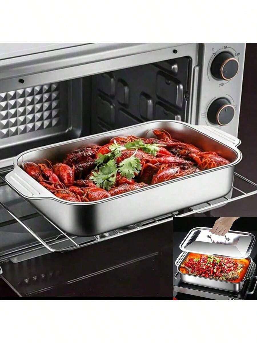 MiLaiWP Extra Large Plaque de Cuisson en Acier Inoxydable Robuste - Plat de Cuisson Rectangulaire Épais et Anti-Adhésif pour Desserts, Pains et Fruits de Mer - Idéal pour le Grill, les Buffets et les Repas de Fête, Compatible avec Four Portable avec ou sans Couvercle, Convient pour Rôtir, Cuire du Poisson et des Légumes, Lavable au Lave-Vaisselle (Poignées, 41 x 8 x 24 cm)