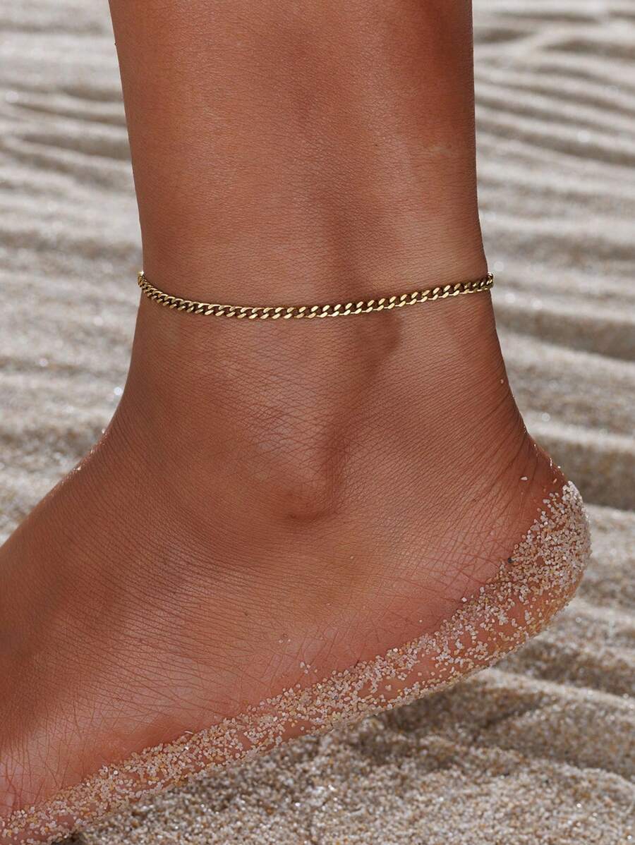 1 pieza Tobillera de acero inoxidable de cadena fina minimalista, estilo joyería para playa y vacaciones para mujer