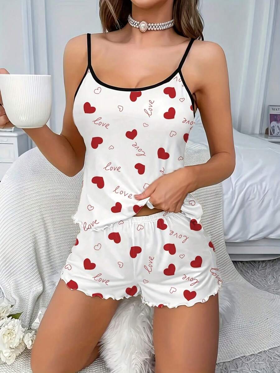 Women Heart & Letter Print Sleepwear Set, Lovely & Sexy Round Neck Backless Cami, Elastic Shorts, Casual Home Wear, 2Pcs Set, Spring/Summer