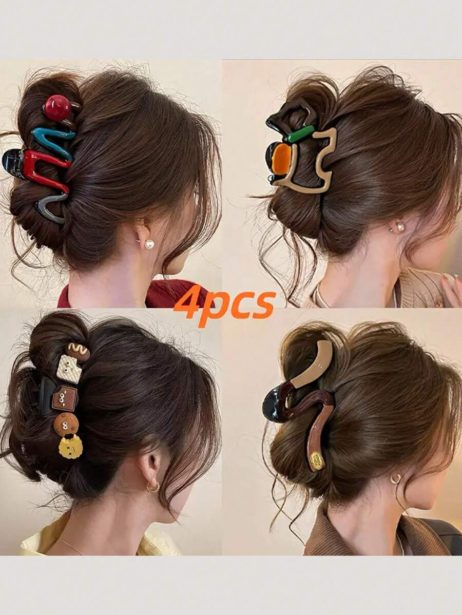 4pcs Elegant Large Hair Claw Clips For Women - Chic Wavy Design With Faux Pearl & Color Accents, Non-Slip Hair Claw For Thick Hair, Stylish Back Head Hair Accessories, Fashionable Hair Clips Fashion Hair Clutch