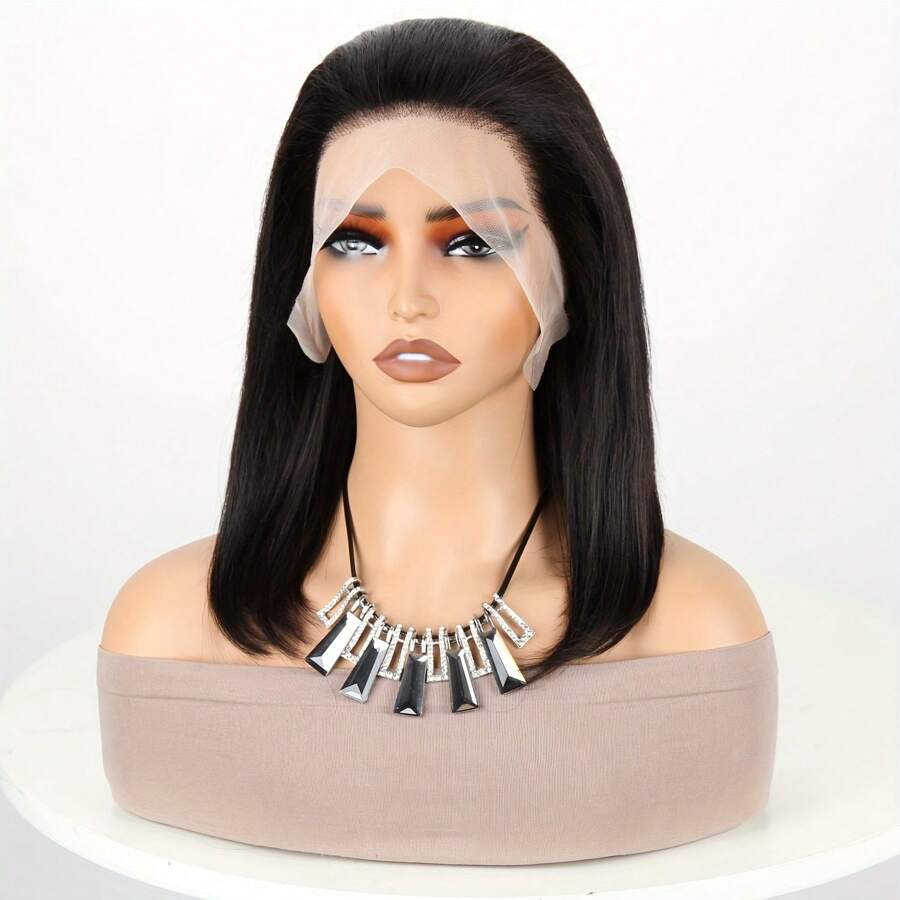 Bob Wig Human Hair Pre Plucked 13x4 Frontal Lace Wig 12inch Black Bob Wig For Women 180% Density Straight Short Bob Lace Front Wigs Human Hair With Baby Hair Daily Use Beach Hair Style