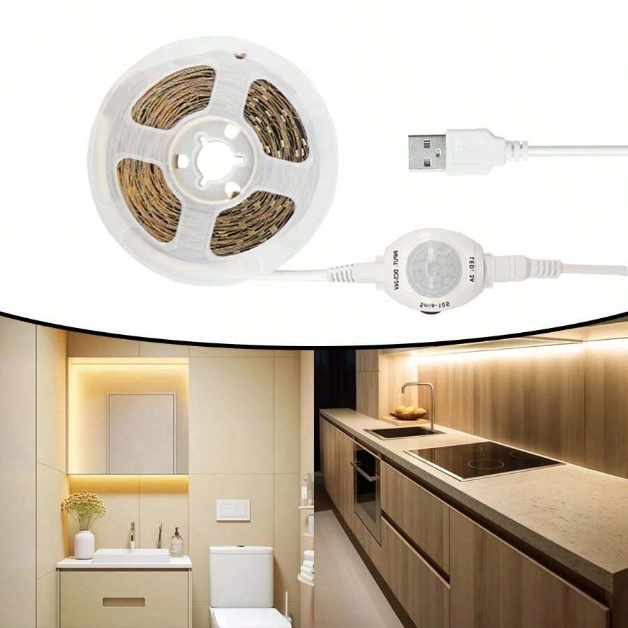 Striscia luminosa LED 2835 con sensore di movimento, interruttore automatico, bianco caldo flessibile, alimentata tramite USB, adatta per scale, armadi, cucine, camere da letto e illuminazione nei corridoi