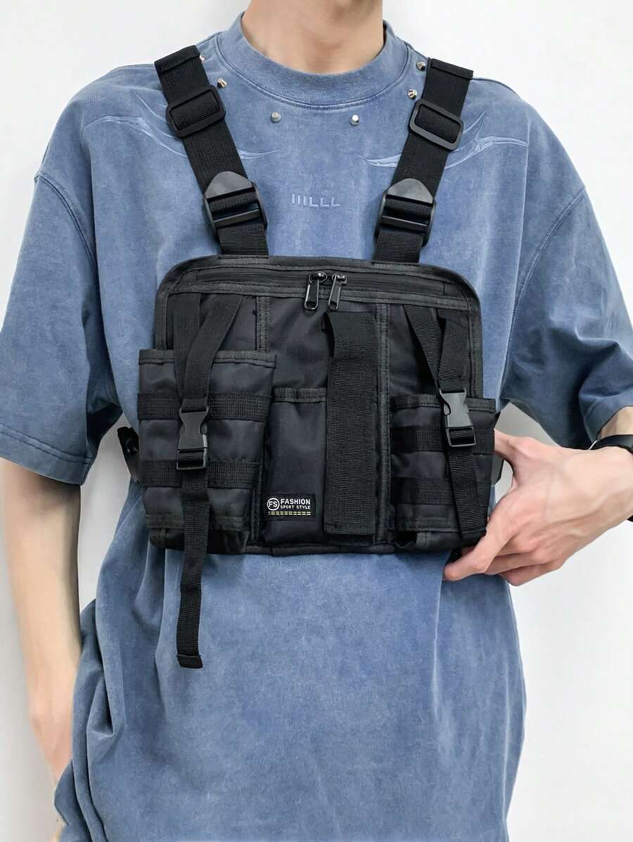 1 Pieza Bolso multifuncional para el pecho de hombre, mochila táctica, bolsa deportiva, bolso de herramientas, diseño sencillo y versátil con múltiples bolsillos, ligero y portátil, diseño de personalidad de unicolor de tela de Oxford, con correa ajustable, bolso casual para uso diario, bolso de viaje, negocios, universidad, compras, deportes