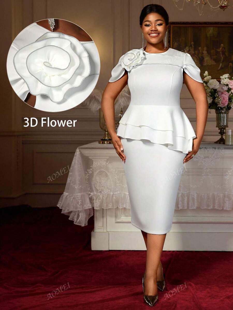 White Bodycon Dresses Elegant Peplum 3D Flowers Occasion Wedding Guest Plus Size Ladies,Outfit For Date,Party,Wedding Dress,Bridesmaid Dress,Graduation Dress,Wedding Guest