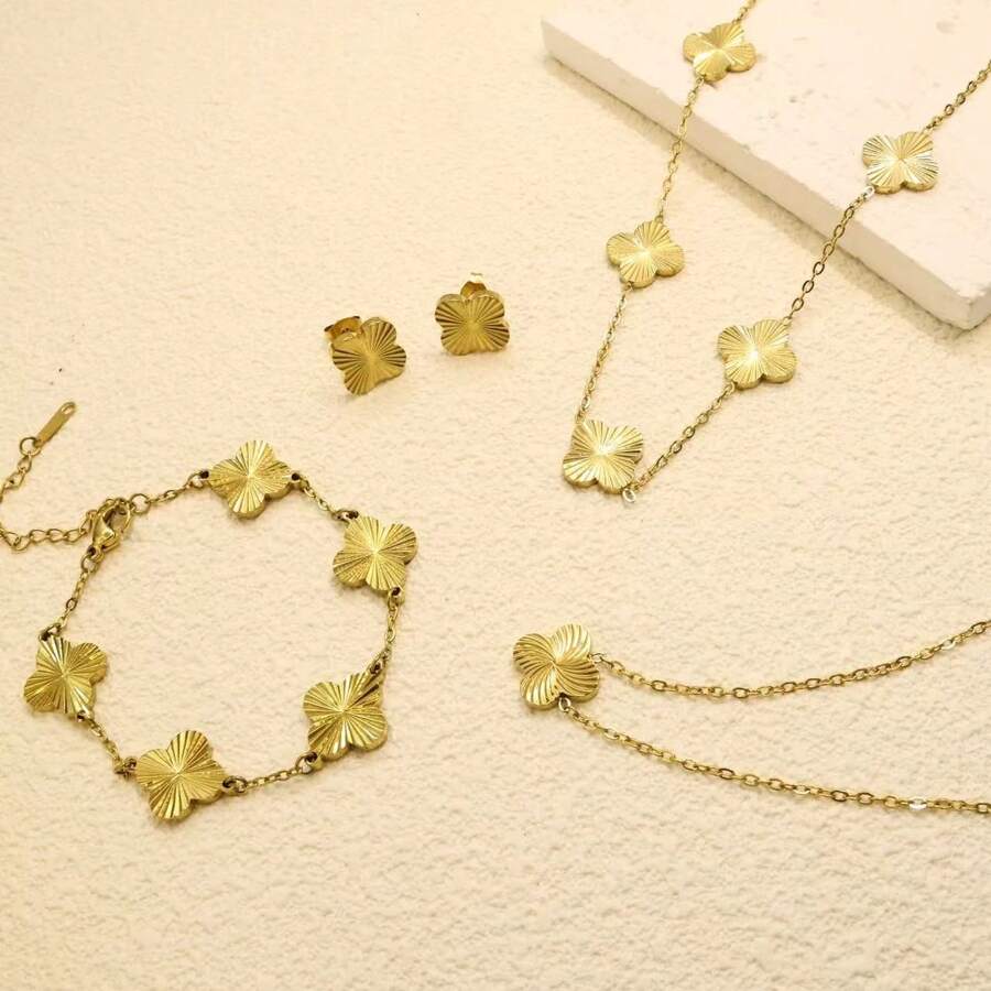 1 Set bestehend aus 18 Karat vergoldetem handgefertigtem, poliertem Kleeblatt- und Blumendesign Armband, Halskette und Ohrringe, hypoallergen und nicht verblassend, geeignet für täglichen Gebrauch von Frauen und als Geschenk