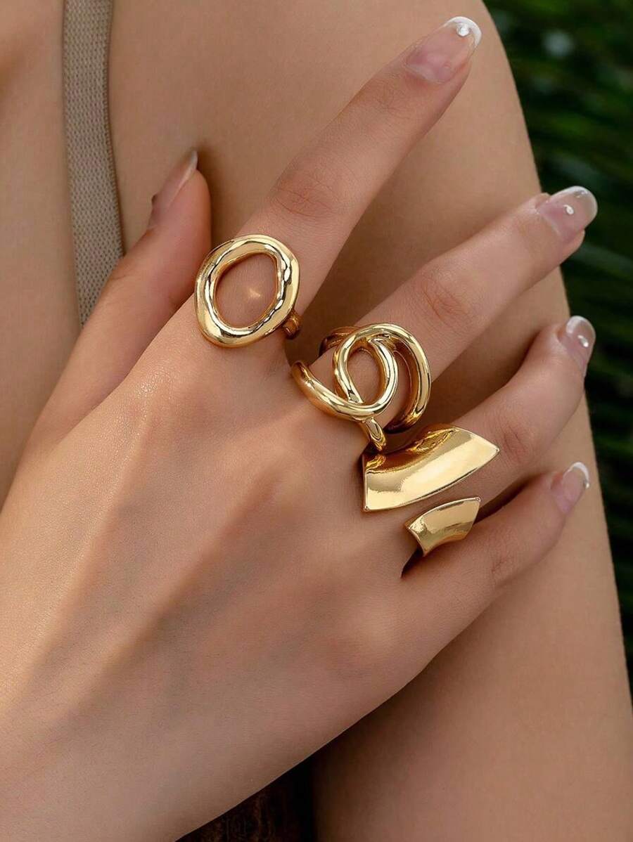 3pcs/Set Punk Style Exaggerated Simple Plain Circle Openring Geometric Curve Niche Design Rings Set, Suitable For Women Daily Wear, Ideal Gift For Friends