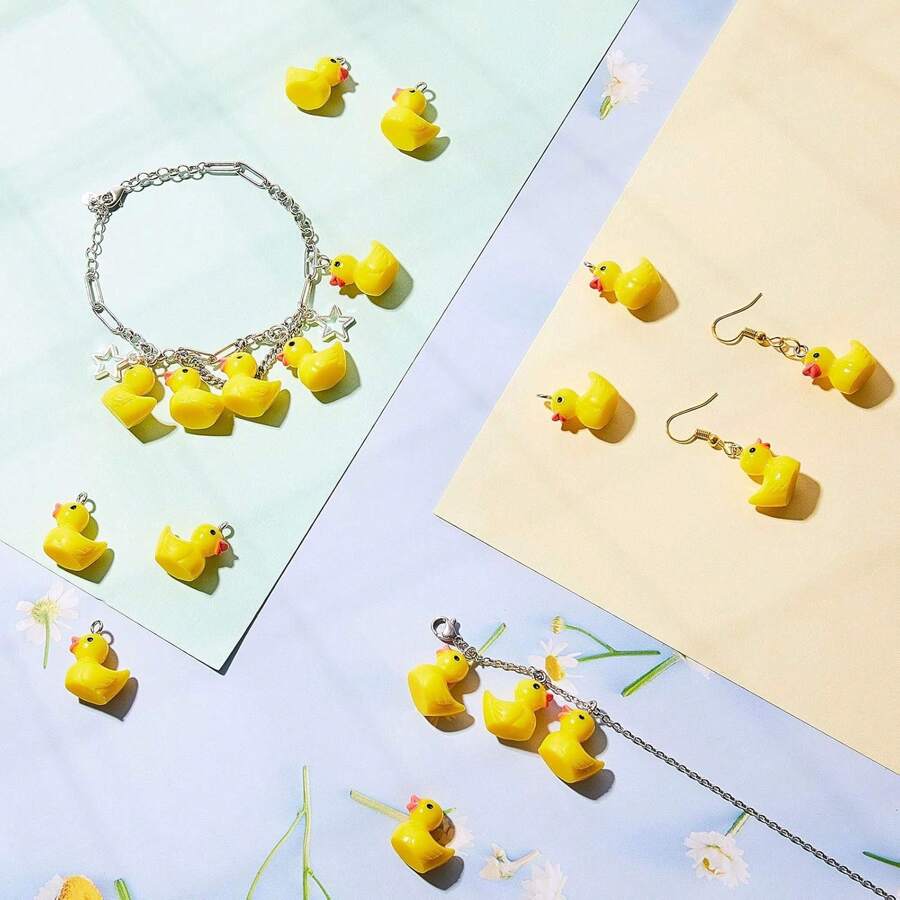 50pcs Cute Mini Resin Duck Pendant, Cartoon Small Yellow Duck Charms For DIY Jewelry, Keychains, Bracelets, Earrings