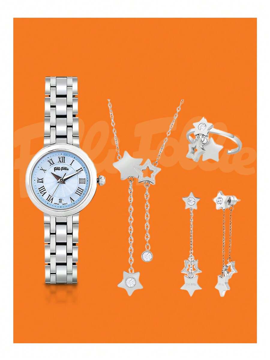 Folli Follie Relógio feminino com 4 peças, conjunto de brincos e colar, relógio de pulso feminino de quartzo, relógio elegante para mulheres, colar de estrela, brinco de estrela, anéis de dedo de noivado, conjunto de presente