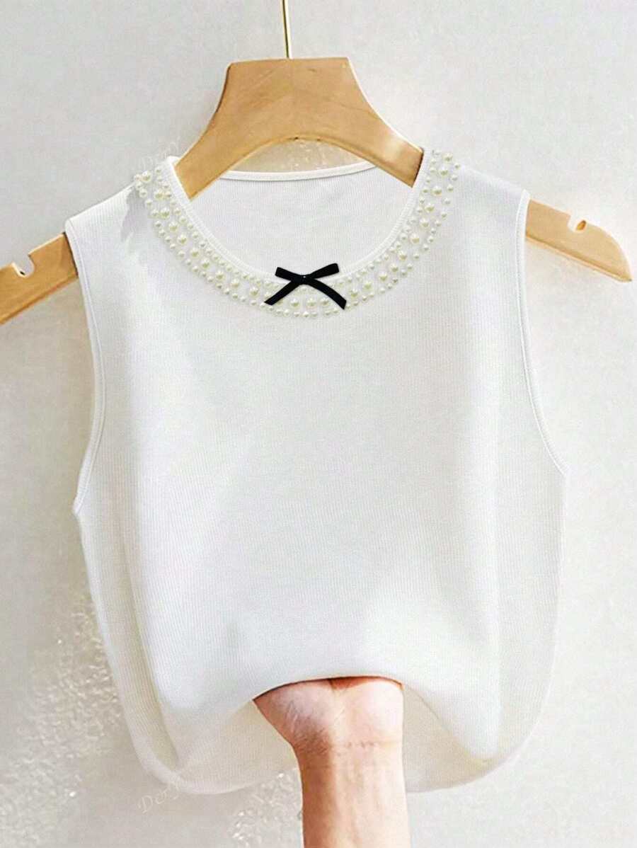 Elegant Round Neck Sleeveless Contrast Color Pearl Bowknot Detail Women Camisole