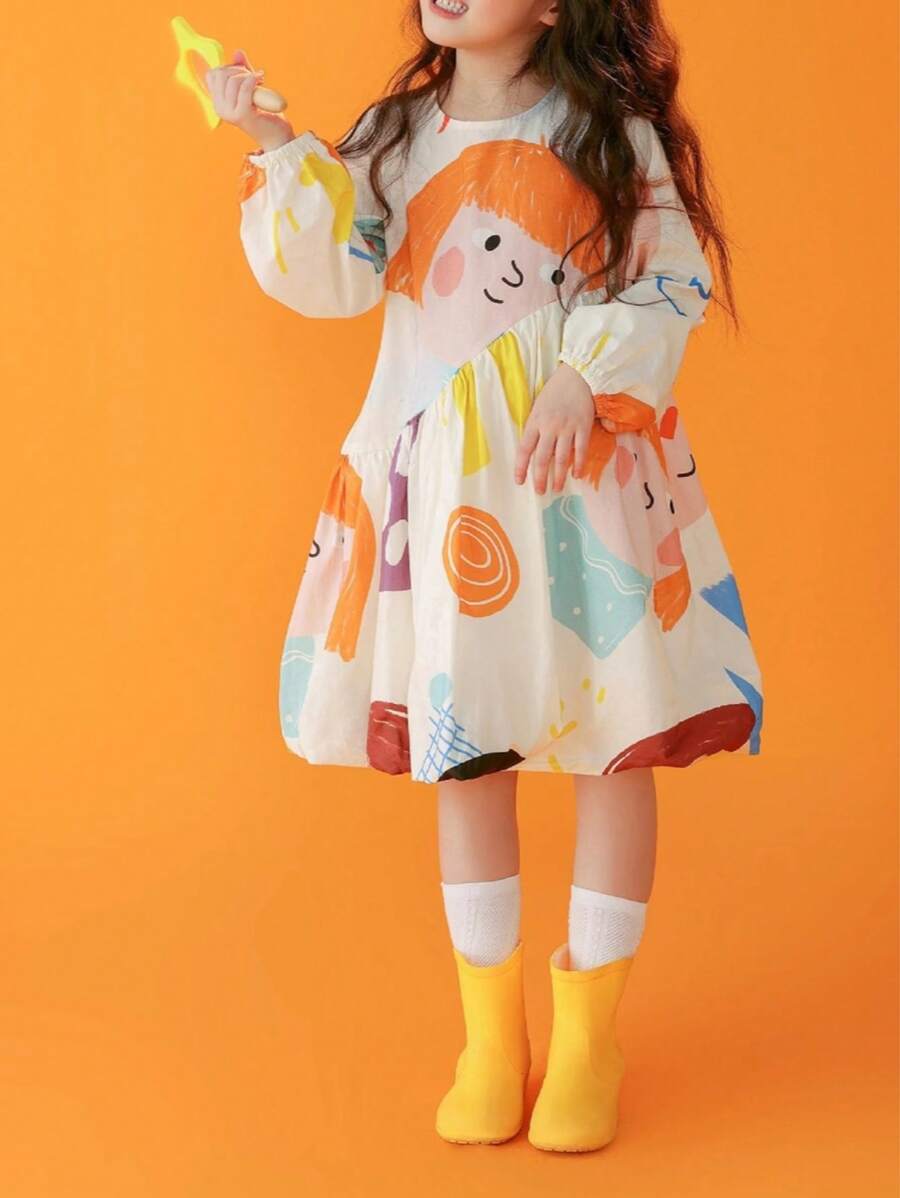 Loose A-Line Long Sleeve Knee-Length Dress, Casual For Gaming And Vacation, Featuring Random Cartoon Prints, Cute Princess Dress, Suitable For Young Girls, Fashionable Design With Vibrant Colors