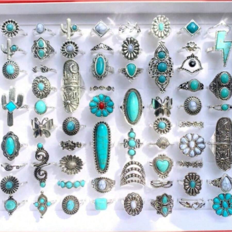 8/10/20 peças/lote de anéis turquesa estilo boêmio retrô para mulheres, conjunto de joias de dedo com pedra artificial azul de estilo misto, estilo presente de festa, envio aleatório